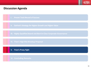 33
IV. Trian’s High Risk Breakup Proposal
V. Trian’s Proxy Fight
Discussion Agenda
VI. Concluding Remarks
III. Highly Qualified Board and Best-In-Class Corporate Governance
II. DuPont’s Strategy for Higher Growth and Higher Value
I. Proven Track Record of Success
 