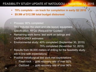 MAKING THE GRADE
FEASIBILITY STUDY UPDATE AT NATOUGOU – November 12, 2015
14
• Process: 90% completed
This includes the plant and site layout, equipment
specification, RFQs (Request for Quotes)
• Remaining work items: test work on tailings and
CAPEX/OPEX estimates
• Environmental study: 40% completed (September 30, 2015)
75% completed (November 12, 2015)
• Results from 56,000 meters of drilling for the feasibility study
are in line with expectations
• Positive metallurgical test work met expectations
o Fresh rock - gold recovery rate of over 92%
o Oxidized - gold recovery rate of over 96%
 70% complete – on track for completion in early Q2 2016
 $9.9M of $12.5M total budget disbursed
 