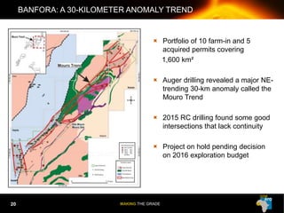 MAKING THE GRADE
BANFORA: A 30-KILOMETER ANOMALY TREND
 Portfolio of 10 farm-in and 5
acquired permits covering
1,600 km²
 Auger drilling revealed a major NE-
trending 30-km anomaly called the
Mouro Trend
 2015 RC drilling found some good
intersections that lack continuity
 Project on hold pending decision
on 2016 exploration budget
20
 