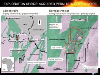 MAKING THE GRADE
Côte d’Ivoire
Highly mineralised greenstone belts
Korhogo Project
Along strike from Tongon Mine - priority targets
EXPLORATION UPSIDE: ACQUIRED PERMITS IN CÔTE D’IVOIRE
Korhogo Permit /Application
Korhogo East Application
Korhogo West Permit
Target Corridor
Fapoha South (Randgold)
Fapoha North (Randgold)
Gold Mine
Gold Deposits
Target Corridor
21
 