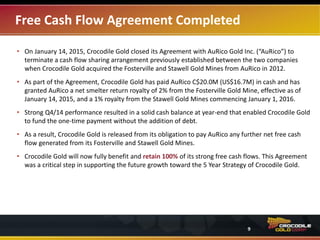 • On January 14, 2015, Crocodile Gold closed its Agreement with AuRico Gold Inc. (“AuRico”) to terminate a cash
flow sharing arrangement previously established between the two companies when Crocodile Gold acquired the
Fosterville and Stawell Gold Mines from AuRico in 2012.
• As part of the Agreement, Crocodile Gold has paid AuRico C$20.0M (US$16.7M) in cash and has granted AuRico a
net smelter return royalty of 2% from the Fosterville Gold Mine, effective as of January 14, 2015, and a 1% royalty
from the Stawell Gold Mines commencing January 1, 2016.
• Strong Q4/14 performance resulted in a solid cash balance at year-end that enabled Crocodile Gold to fund the
one-time payment without the addition of debt.
• As a result, Crocodile Gold is released from its obligation to pay AuRico any further net free cash flow generated
from its Fosterville and Stawell Gold Mines.
• Crocodile Gold will now fully benefit and retain 100% of its strong free cash flows. This Agreement was a critical
step in supporting the future growth toward the 5 Year Strategy of Crocodile Gold.
Free Cash Flow Agreement Completed
9
 