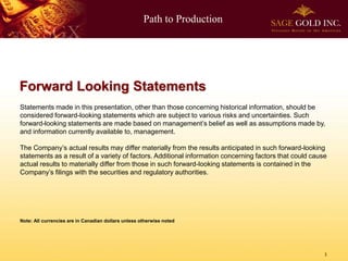 Path to Production




Forward Looking Statements
Statements made in this presentation, other than those concerning historical information, should be
considered forward-looking statements which are subject to various risks and uncertainties. Such
forward-looking statements are made based on management’s belief as well as assumptions made by,
and information currently available to, management.

The Company’s actual results may differ materially from the results anticipated in such forward-looking
statements as a result of a variety of factors. Additional information concerning factors that could cause
actual results to materially differ from those in such forward-looking statements is contained in the
Company’s filings with the securities and regulatory authorities.




Note: All currencies are in Canadian dollars unless otherwise noted




                                                                                                         1
 