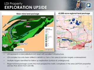 19
• LDI represents a rare palladium-rich asset with excellent infrastructure
• LDI complex has only been drilled in detail in a 1km x 1km area & remains largely underexplored
• Multiple targets identified for follow up exploration (surface & underground)
• Regional land package covers the most prospective mafic complexes in the area (all PGM properties
are less than 30 km from LDI mill)
LDI Property
EXPLORATION UPSIDE
South Norite Zone
Mineralization Trend
62,000-acre regional land packageNear-mine land package
 