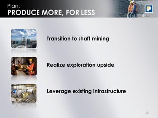 20
Plan:
PRODUCE MORE, FOR LESS
Transition to shaft mining
Realize exploration upside
Leverage existing infrastructure
 