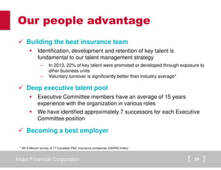 Our people advantage 
 Building the best insurance team 
 Identification, development and retention of key talent is 
fundamental to our talent management strategy 
– In 2013, 22% of key talent were promoted or developed through exposure to 
other business units 
– Voluntary turnover is significantly better than industry average* 
 Deep executive talent pool 
 Executive Committee members have an average of 15 years 
experience with the organization in various roles 
 We have identified approximately 7 successors for each Executive 
Committee position 
 Becoming a best employer 
* 2013 Mercer survey of 17 Canadian PC insurance companies (GIHRG Index) 
Intact Financial Corporation 10 
 
