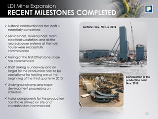 LDI Mine Expansion
 RECENT MILESTONES COMPLETED
 Surface construction for the shaft is    Surface view, Nov. 6, 2012
  essentially completed

 Service hoist, auxiliary hoist, main
  electrical substation, and all the
  related power systems at the hoist
  house were successfully
  commissioned

 Mining of the first Offset Zone stope
  has commenced

 Shaft sinking is underway and on
  target for the production hoist to be
  operational for hoisting ore at the
                                                                        Construction of the
  beginning of the third quarter in 2013
                                                                        production hoist,
                                                                        Nov. 2012
 Underground ramp and stope
  development progressing on
  schedule

 Major components for the production
  hoist have arrived on site and
  installation has commenced

                                                                                       20
 