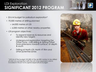LDI Exploration
SIGNIFICANT 2012 PROGRAM

 • $16 M budget for palladium exploration*
 • 70,000 metres of drilling planned
     – 64,000 metres at LDI
     – 6,000 metres at other nearby properties
 • LDI program objectives:
            To expand reserves & resources and
             identify new targets
            Underground exploration targeting the
             Offset Zone – infill drilling & testing Offset
             Zone extensions towards surface, at depth
             & south
            Drilling at North LDI, North VT Rim and
             other potential zones


   * $10 M of the budget (55,000 of the 64,000 metres to be drilled
   at LDI) is in connection with the LDI mine expansion and is
   included in the $116 M capital expenditure budget.


                                                                      21
 