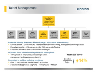 13
Talent Management
Balanced ‘develop and attract’ talent strategy – fresh ideas and continuity
 Executive team – 2 new recruits, 3 transfers from broader Finning, 4 long-service Finning Canada
 Executive reports – 45% are new to role, 25% are new to Finning
 Conscious effort to build succession bench-strength
Increased focus on talent management and development
 100% growth in employees participating in talent
management and development planning
Committed to building technical excellence
 Over 275 apprentices: one for every 5 technicians
 2 accelerated apprentice programs – ThinkBIG and FINNtech
Juan Carlos
Villegas
President, Finning
Canada & COO,
Finning International
David
Primrose
EVP Core
Industries
Cristian
Chavez
VP Operational
Excellence
John
Pollesel
SVP, Mining
Chad
Hiley
SVP Human
Resources
Kevin
Tatlow
SVP Service
Excellence
Joel
Harrod
SVP Power
Systems
Gary
Agnew
VP Strategy
& Solutions
Mona
Hale
VP Finance
 