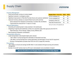 Supply Chain
Inventory Management
 Parts service levels running at or above targets
 Significant reduction in emergency orders
 Significant improvement in Parts Net Promoter Score and customer satisfaction
 Improved inventory velocity as a result of fewer touch points and trips
 Direct shipment from Spokane to 9 branches in southern BC and Alberta
 Typical lead time reduced from 11 days to 3.5 days
Network Optimization
 Executing and sustaining best in class practices in 22 warehouses
 Integrating 5 regional parts distribution centers into corporate supply chain group by end of Q1/15
 West Edmonton, Prince George, Calgary, Surrey, Mildred Lake
 New Equipment Preparation centralization
Transportation Efficiency
 Lower transportation costs despite higher parts volumes
 ~$4.5 million in annual savings from elimination of redundant truck trips
 ~$4 million in annual savings from routing optimization and elimination of truck trips for equipment
 Number of transportation providers down 25% from 2013; target 50% reduction
Procurement
 ~$4.3 million in annual cost savings and $8 million in cost avoidance through sourcing and contracts
management
 Number of non-CAT vendors down by 22% due to rationalization and consolidation of spend
16
Supply Chain – Parts KPIs 2014 2013
24 hour availability (%) 87 80
72 hour availability (%) 96 93
Emergency orders (%) 27 36
Parts Net Promoter Score 63 53
2013 is FY; 2014 is YTD ended Nov 30
Service Excellence and Supply Chain initiatives are fully aligned
 