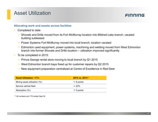 Asset Utilization
Allocating work and assets across facilities
 Completed to date:
 Shovels and Drills moved from its Fort McMurray location into Mildred Lake branch; vacated
building subleased
 Power Systems Fort McMurray moved into local branch; location vacated
 Edmonton used equipment, power systems, machining and welding moved from West Edmonton
branch into former Shovels and Drills location – utilization improved significantly
 To be completed in 2015:
 Prince George rental store moving to local branch by Q1 2015
 West Edmonton branch bays freed up for customer repairs by Q2 2015
 New equipment preparation centralized at Centre of Excellence in Red Deer
17
(1) All numbers are YTD ended Sept 30
Asset Utilization– KPIs 2014 vs. 2013(1)
Mining asset utilization (%)  6 points
Service vehicle fleet  20%
Absorption (%)  5 points
 
