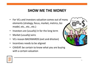 SHOW ME THE MONEY

• For VCs and investors valuation comes out of many
  elements (strategy, focus, market, metrics, biz
  model, etc., etc., etc.)
• Investors are (usually) in for the long term
• Market (usually) wins
• VCs reason BACKWARDS (exit and dilution)
• Incentives needs to be aligned
• CAVEAT: be certain to know what you are buying
  with a certain valuation


                                                      31
 