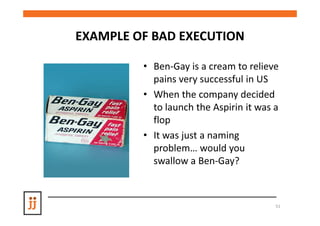 EXAMPLE OF BAD EXECUTION

         • Ben-Gay is a cream to relieve
           pains very successful in US
         • When the company decided
           to launch the Aspirin it was a
           flop
         • It was just a naming
           problem… would you
           swallow a Ben-Gay?



                                        51
 