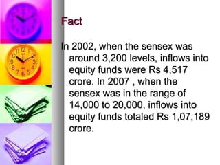 Fact In 2002, when the sensex was around 3,200 levels, inflows into equity funds were Rs 4,517 crore. In 2007 , when the sensex was in the range of 14,000 to 20,000, inflows into equity funds totaled Rs 1,07,189 crore. 