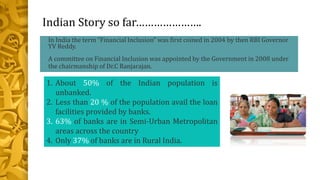 Indian Story so far………………….
• In India the term “Financial Inclusion” was first coined in 2004 by then RBI Governor
YV Reddy.
• A committee on Financial Inclusion was appointed by the Government in 2008 under
the chairmanship of Dr.C Ranjarajan.
1. About 50% of the Indian population is
unbanked.
2. Less than 20 % of the population avail the loan
facilities provided by banks.
3. 63% of banks are in Semi-Urban Metropolitan
areas across the country
4. Only 37% of banks are in Rural India.
 
