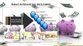 Title Layout
Subtitle
Source: world-finance-conference.com/papers_wfc/138.pdf: Rangarajan Committee Report
FINANCIAL
INCLUSION
AFFORDABILITY
ACCESSIBILITY
AVAILABILITY
ADEQUACY
AWARENESS
WHAT IS FINANCIAL INCLUSION
52
 