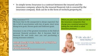 • In simple terms Insurance is a contract between the insured and the
insurance company where by the insured financial risk is covered by the
insurance company .Risk can be in the form of vechicle,property,etc.
When you pass your financial risk to
the insurance companies they
charge you a nominal amount for
taking the risk which is called
Insurance premium.
Why insurance?????
We know that In life unexpected is always expected. Our
life is full of uncertainties with lots of goals, short term
&long term goals, Known goals and Unknown goals.
Insurance is one of the greatest inventions in the field of
personal financial products .But it becomes fatal to
financial life and costly once you end purchasing a
wrong insurance solution.
 