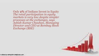 Only 2% of Indians Invest in Equity
The retail participation in equity
markets is very low despite simpler
processes at the exchanges, says
Ashish Kumar Chauhan, Managing
Director and CEO at Bombay Stock
Exchange (BSE)
 
