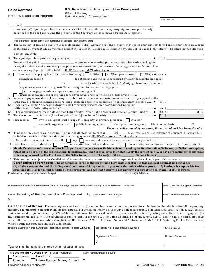 hud contract form 9548 sales HUD Package Bid Investor for Homes