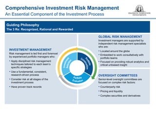 9 
Comprehensive Investment Risk Management 
INVESTMENT MANAGEMENT 
Risk management is led first and foremost by experienced portfolio managers who: 
• 
Apply disciplined risk management techniques tailored to each team’s specific strategies 
• 
Use a fundamental, consistent, research-driven process 
• 
Consider risk at all stages of the investment process 
• 
Have proven track records 
GLOBAL RISK MANAGEMENT 
Investment managers are supported by independent risk management specialists who are: 
• 
Located around the globe 
• 
Embedded to work consultatively with portfolio teams 
• 
Focused on providing robust analytics and critical unbiased insight 
OVERSIGHT COMMITTEES 
Senior-level oversight committees are focused on complex risk factors: 
• 
Counterparty risk 
• 
Pricing and liquidity 
• 
Complex securities and derivatives 
Guiding Philosophy 
The 3 Rs: Recognized, Rational and Rewarded 
An Essential Component of the Investment Process  