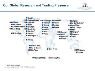 Calgary Los Angeles Rancho Cordova San Mateo Mexico City 
Our Global Research and Trading Presence 
1. Majority ownership interest. 2. Joint venture partners with Franklin Templeton Investments. 
Edinburgh Frankfurt Geneva Leeds London Milan Vienna 
Buenos Aires Rio de Janeiro São Paulo 
Cape Town 
Melbourne 
Sydney 
Research Office 
Trading Office 
Bangkok 
Ho Chi Minh City2 
Hong Kong 
Kuala Lumpur 
Seoul 
Shanghai2 
Singapore 
Tokyo 
Chennai Dubai Hyderabad Mumbai 
Bucharest Istanbul Moscow Warsaw 
Boston Fort Lauderdale Fort Lee Miami New York Short Hills Stamford1 Toronto Washington DC Nassau  