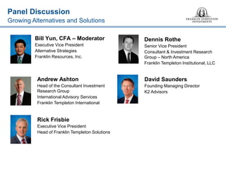 Panel Discussion 
Growing Alternatives and Solutions 
Bill Yun, CFA – Moderator 
Executive Vice President 
Alternative Strategies 
Franklin Resources, Inc. 
Andrew Ashton 
Head of the Consultant Investment Research Group 
International Advisory Services 
Franklin Templeton International 
Dennis Rothe 
Senior Vice President 
Consultant & Investment Research Group – North America 
Franklin Templeton Institutional, LLC 
Rick Frisbie 
Executive Vice President 
Head of Franklin Templeton Solutions 
David Saunders 
Founding Managing Director 
K2 Advisors  