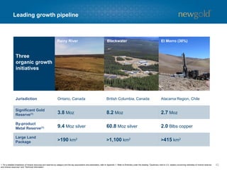 REGIONAL UPSIDESIGNIFICANT GOLD AND SILVER RESOURCE
Blackwater
42
British Columbia,
Canada
#1
8.2 Moz
1.1 Moz
~1,100 km2
Land Package
First nine years:
485 Koz
$590 /oz17-year
JURISDICTION 2013 FEASIBILITY STUDY
1. Based on 2014 Behre Dolbear Report – “2014 Ranking of Countries for Mining Investment”.
2. Development capital assumes $1.25 CDN/USD exchange rate.
3. Refer to Endnote on all-in sustaining costs under the heading “Non-GAAP Measures”.
4. Mineral resources are exclusive of reserves. For a detailed breakdown of mineral resources and reserves by category and the key assumptions and parameters, refer to Appendix 1. Refer to Endnotes under the heading “Cautionary note to U.S. readers
concerning estimates of mineral reserves and mineral resources” and “Technical Information”. Includes Capoose M&I resources.
~$1,576million
60.8 Moz
12.7 Moz
 