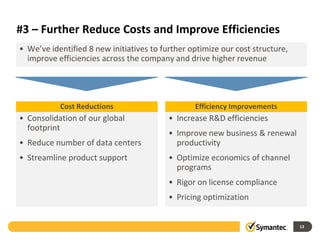 #3 – Further Reduce Costs and Improve Efficiencies
13
• We’ve identified 8 new initiatives to further optimize our cost structure,
improve efficiencies across the company and drive higher revenue
• Increase R&D efficiencies
• Improve new business & renewal
productivity
• Optimize economics of channel
programs
• Rigor on license compliance
• Pricing optimization
Efficiency Improvements
• Consolidation of our global
footprint
• Reduce number of data centers
• Streamline product support
Cost Reductions
 