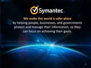 17
We make the world a safer place
by helping people, businesses, and governments
protect and manage their information, so they
can focus on achieving their goals.
 