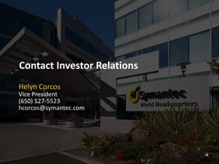 18
Contact Investor Relations
Helyn Corcos
Vice President
(650) 527-5523
hcorcos@symantec.com
18
 