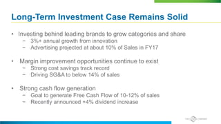 Long-Term Investment Case Remains Solid
• Investing behind leading brands to grow categories and share
− 3%+ annual growth from innovation
− Advertising projected at about 10% of Sales in FY17
• Margin improvement opportunities continue to exist
− Strong cost savings track record
− Driving SG&A to below 14% of sales
• Strong cash flow generation
− Goal to generate Free Cash Flow of 10-12% of sales
− Recently announced +4% dividend increase
 