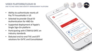 12
VIDEO PLATFORM/CLOUD ID
END-TO-END VIDEO AND IDENTITY MANAGEMENT PLATFORM
• Ability to authenticate nearly all
Pay TV households in US
• Selected to provide Cloud ID
Authentication for HBO Go
• Supported deployment of Apple’s
Single Sign-On platform
• Participating with CTAM & OATC on
industry standards
• Debuted end-to-end TVE and OTT
solutions for GVTC and Consolidated
12
 