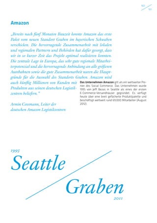 160
161
„Bereits nach fünf Monaten Bauzeit konnte Amazon das erste
Paket vom neuen Standort Graben im bayerischen Schwaben
verschicken. Die hervorragende Zusammenarbeit mit lokalen
und regionalen Partnern und Behörden hat dafür gesorgt, dass
wir in so kurzer Zeit das Projekt optimal realisieren konnten.
Die zentrale Lage in Europa, das sehr gute regionale Mitarbei-
terpotenzial und die hervorragende Anbindung an alle größeren
Autobahnen sowie die gute Zusammenarbeit waren die Haupt-
gründe für die Auswahl des Standorts Graben. Amazon wird
auch künftig Millionen von Kunden mit
Produkten aus seinen deutschen Logistik-
zentren beliefern.“
Armin Cossmann, Leiter der
deutschen Amazon Logistikzentren
Amazon
Seattle
Graben
1995
2011
Das Unternehmen Amazon gilt als ein weltweiter Pio-
nier des Social Commerce. Das Unternehmen wurde
1995 von Jeff Bezos in Seattle als eines der ersten
E-Commerce-Versandhäuser gegründet. Es verfügt
heute über eine breit gefächerte Produktpalette und
beschäftigt weltweit rund 69.000 Mitarbeiter (August
2012).
 
