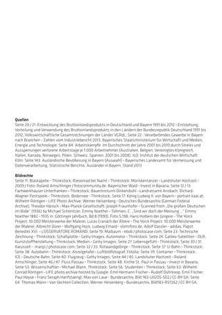 Quellen
Seite 20 / 21: Entwicklung des Bruttoinlandsprodukts in Deutschland und Bayern 1991 bis 2012 – Entstehung,
Verteilung und Verwendung des Bruttoinlandsprodukts in den Ländern der Bundesrepublik Deutschland 1991 bis
2012, Volkswirtschaftliche Gesamtrechnungen der Länder VGRdL; Seite 22 : Verarbeitendes Gewerbe in Bayern
nach Branchen – Zahlen vom Industriebericht 2013, Bayerisches Staatsministerium für Wirtschaft und Medien,
Energie und Technologie; Seite 84: Arbeitskämpfe: Im Durchschnitt der Jahre 2001 bis 2010 durch Streiks und
Aussperrungen verlorene Arbeitstage je 1.000 Arbeitnehmer (Australien, Belgien, Vereinigtes Königreich,
Italien, Kanada, Norwegen, Polen, Schweiz, Spanien: 2001 bis 2008), ILO; Institut der deutschen Wirtschaft
Köln; Seite 143: Ausländische Bevölkerung in Bayern (Auswahl) – Bayerisches Landesamt für Vermessung und
Datenverarbeitung, Statistische Berichte, Ausländer in Bayern, Stand 2013
Bildrechte
Seite 11: Blaskapelle – Thinkstock; Riesenrad bei Nacht – Thinkstock; Moriskentänzer – Landshuter Hochzeit – 
2009 / Foto: Roland Amschlinger / fotocommunity.de; Bayerischer Wald – ­Invest in Bavaria; Seite 12 / 13:
Fachwerkhäuser Unterfranken – Thinkstock; Bäuerlinsturm Dinkelsbühl – Landratsamt Ansbach; Richard-
Wagner-Festspiele – Thinkstock; Bodensee – Thinkstock; Seite 17: König Ludwig II. von Bayern – portrait.kaar.at;
Wilhelm Röntgen – LIFE Photo Archive; Werner Heisenberg – Deutsches Bundesarchiv (German Federal
Archive); Theodor Hänsch – Max-Planck-Gesellschaft; Joseph Fraunhofer – Scanned from „Die großen Deutschen
im Bilde“ (1936) by Michael Schönitzer; Emmy Noether – Tollmien, C. „Sind wir doch der Meinung …“ Emmy
Noether 1882 – 1935 in: Göttinger Jahrbuch, Bd 8 (1990), Foto S.198; Hans Holbein der Jüngere – The Yorck
Project: 10.000 Meisterwerke der Malerei; Lucas Cranach der Ältere – The Yorck Project: 10.000 Meisterwerke
der Malerei; Albrecht Dürer – Wolfgang Hock; Ludwig Erhard – slomifoto.de; Adolf Dassler – adidas; Papst
Benedikt XVI. – L’OSSERVATORE ROMANO; Seite 19: Maibaum – ebob / photocase.com; Seite 23: Technische
Zeichnung – Thinkstock; Schaltplatte – Getty Images; Automotor – Thinkstock; Seite 24: Galileo-Satelliten – DLR;
Kunststoffherstellung – Thinkstock; Medien – Getty Images; Seite 27: Lebensgefühl – Thinkstock; Seite 30 / 31:
Karussell – .marqs / photocase.com; Seite 32 / 33: Rotwandgebirge – Thinkstock; Seite 37: U-Bahn – Thinkstock;
Seite 38: Autobahn – Thinkstock; Anzeigetafel – Luftbildfotograf, Fotolia; Seite 39: Container – Thinkstock;
ICE – Deutsche Bahn; Seite 40: Flugzeug – Getty Images; Seite 44 / 45: Landshuter Hochzeit – Roland
Amschlinger; Seite 46 / 47: Fluss Passau – Thinkstock; Seite 48: Kirche St. Paul in Passau – Invest in Bavaria;
Seite 53: Wissenschaftler – Michael Blann, Thinkstock; Seite 56: Studenten – Thinkstock; Seite 63: Wilhelm
Conrad Röntgen – LIFE photo archive hosted by Google; Emil Hermann Fischer – Rudolf Dührkoop, Emil Fischer;
Paul Heyse – Franz Seraph Hanfstaengl; Max von Laue – Bundesarchiv, Bild 183-U0205-502 / CC-BY-SA; Seite
64: Thomas Mann – Van Vechten Collection; Werner Heisenberg – Bundesarchiv, Bild183-R57262 / CC-BY-SA;
 