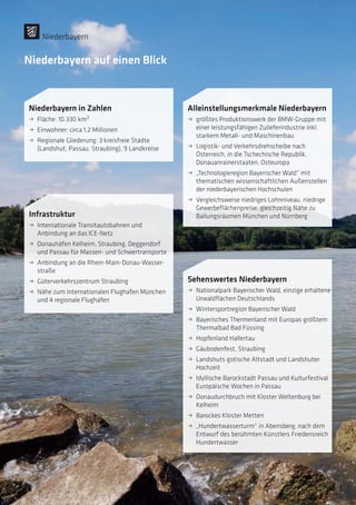 Infrastruktur
ˌˌ Internationale Transitautobahnen und
­Anbindung an das ICE-Netz
ˌˌ Donauhäfen Kelheim, Straubing, Deggendorf
und Passau für Massen- und Schwertransporte
ˌˌ Anbindung an die Rhein-Main-Donau-Wasser-
straße
ˌˌ Güterverkehrszentrum Straubing
ˌˌ Nähe zum internationalen Flughafen München
und 4 regionale Flughäfen
Sehenswertes Niederbayern
ˌˌ Nationalpark Bayerischer Wald, einzige erhaltene
Urwaldflächen Deutschlands
ˌˌ Wintersportregion Bayerischer Wald
ˌˌ Bayerisches Thermenland mit Europas größtem
Thermalbad Bad Füssing
ˌˌ Hopfenland Hallertau
ˌˌ Gäubodenfest, Straubing
ˌˌ Landshuts gotische Altstadt und ­Landshuter
Hochzeit
ˌˌ Idyllische Barockstadt Passau und Kulturfestival
Europäische Wochen in Passau
ˌˌ Donaudurchbruch mit Kloster Weltenburg bei
Kelheim
ˌˌ Barockes Kloster Metten
ˌˌ „Hundertwasserturm“ in Abensberg, nach dem
Entwurf des berühmten Künstlers Friedensreich
Hundertwasser
Niederbayern auf einen Blick
Niederbayern in Zahlen
ˌˌ Fläche: 10.330 km²
ˌˌ Einwohner: circa 1,2 Millionen
ˌˌ Regionale Gliederung: 3 kreisfreie Städte
(Landshut, Passau, Straubing), 9 Landkreise
Alleinstellungsmerkmale Niederbayern
ˌˌ größtes Produktionswerk der BMW-Gruppe mit
einer leistungsfähigen Zulieferindustrie inkl.
starkem Metall- und Maschinenbau
ˌˌ Logistik- und Verkehrsdrehscheibe nach
­Österreich, in die Tschechische Republik,
­Donauanrainerstaaten, Osteuropa
ˌˌ „Technologieregion Bayerischer Wald“ mit
­thematischen wissenschaftlichen Außenstellen
der niederbayerischen Hochschulen
ˌˌ Vergleichsweise niedriges Lohnniveau, niedrige
Gewerbeflächenpreise, gleichzeitig Nähe zu
Ballungsräumen München und Nürnberg
Niederbayern
 