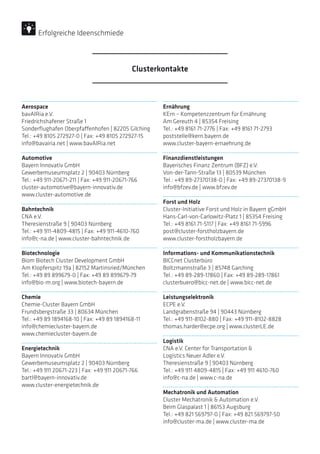 Aerospace
bavAIRia e.V.
Friedrichshafener Straße 1
Sonderflughafen Oberpfaffenhofen | 82205 Gilching
Tel.: +49 8105 272927-0 | Fax: +49 8105 272927-15
info@bavairia.net | www.bavAIRia.net
Automotive
Bayern Innovativ GmbH
Gewerbemuseumsplatz 2 | 90403 Nürnberg
Tel.: +49 911-20671-211 | Fax: +49 911-20671-766
cluster-automotive@bayern-innovativ.de
www.cluster-automotive.de
Bahntechnik
CNA e.V.
Theresienstraße 9 | 90403 Nürnberg
Tel.: +49 911-4809-4815 | Fax: +49 911-4610-760
info@c-na.de | www.cluster-bahntechnik.de
Biotechnologie
Biom Biotech Cluster Development GmbH
Am Klopferspitz 19a | 82152 Martinsried/München
Tel.: +49 89 899679-0 | Fax: +49 89 899679-79
info@bio-m.org | www.biotech-bayern.de
Chemie
Chemie-Cluster Bayern GmbH
Frundsbergstraße 33 | 80634 München
Tel.: +49 89 1894168-10 | Fax: +49 89 1894168-11
info@chemiecluster-bayern.de
www.chemiecluster-bayern.de
Energietechnik
Bayern Innovativ GmbH
Gewerbemuseumsplatz 2 | 90403 Nürnberg
Tel.: +49 911 20671-223 | Fax: +49 911 20671-766
bartl@bayern-innovativ.de
www.cluster-energietechnik.de
Ernährung
KErn – Kompetenzzentrum für Ernährung
Am Gereuth 4 | 85354 Freising
Tel.: +49 8161 71-2776 | Fax: +49 8161 71-2793
poststelle@kern.bayern.de
www.cluster-bayern-ernaehrung.de
Finanzdienstleistungen
Bayerisches Finanz Zentrum (BFZ) e.V.
Von-der-Tann-Straße 13 | 80539 München
Tel.: +49 89-27370138-0 | Fax: +49 89-27370138-9
info@bfzev.de | www.bfzev.de
Forst und Holz
Cluster-Initiative Forst und Holz in Bayern gGmbH
Hans-Carl-von-Carlowitz-Platz 1 | 85354 Freising
Tel.: +49 8161 71-5117 | Fax: +49 8161 71-5996
post@cluster-forstholzbayern.de
www.cluster-forstholzbayern.de
Informations- und Kommunikationstechnik
BICCnet Clusterbüro
Boltzmannstraße 3 | 85748 Garching
Tel.: +49 89-289-17860 | Fax: +49 89-289-17861
clusterbuero@bicc-net.de | www.bicc-net.de
Leistungselektronik
ECPE e.V.
Landgrabenstraße 94 | 90443 Nürnberg
Tel.: +49 911-8102-880 | Fax: +49 911-8102-8828
thomas.harder@ecpe.org | www.clusterLE.de
Logistik
CNA e.V. Center for Transportation 
Logistics Neuer Adler e.V.
Theresienstraße 9 | 90403 Nürnberg
Tel.: +49 911 4809-4815 | Fax: +49 911 4610-760
info@c-na.de | www.c-na.de
Mechatronik und Automation
Cluster Mechatronik  Automation e.V.
Beim Glaspalast 1 | 86153 Augsburg
Tel.: +49 821 569797-0 | Fax: +49 821 569797-50
info@cluster-ma.de | www.cluster-ma.de
Clusterkontakte
Erfolgreiche Ideenschmiede
 