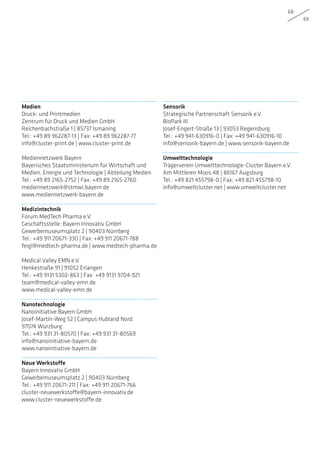 68
69
Medien
Druck- und Printmedien
Zentrum für Druck und Medien GmbH
Reichenbachstraße 1 | 85737 Ismaning
Tel.: +49 89 962287-13 | Fax: +49 89 962287-77
info@cluster-print.de | www.cluster-print.de
Mediennetzwerk Bayern
Bayerisches Staatsministerium für Wirtschaft und
Medien, Energie und Technologie | Abteilung Medien
Tel.: +49 89 2165-2752 | Fax: +49 89 2165-2760
mediennetzwerk@stmwi.bayern.de
www.mediennetzwerk-bayern.de
Medizintechnik
Forum MedTech Pharma e.V.
Geschäftsstelle: Bayern Innovativ GmbH
Gewerbemuseumsplatz 2 | 90403 Nürnberg
Tel.: +49 911 20671-330 | Fax: +49 911 20671-788
feigl@medtech-pharma.de | www.medtech-pharma.de
Medical Valley EMN e.V.
Henkestraße 91 | 91052 Erlangen
Tel.: +49 9131 5302-863 | Fax: +49 9131 9704-921
team@medical-valley-emn.de
www.medical-valley-emn.de
Nanotechnologie
Nanoinitiative Bayern GmbH
Josef-Martin-Weg 52 | Campus Hubland Nord
97074 Würzburg
Tel.: +49 931 31-80570 | Fax: +49 931 31-80569
info@nanoinitiative-bayern.de
www.nanoinitiative-bayern.de
Neue Werkstoffe
Bayern Innovativ GmbH
Gewerbemuseumsplatz 2 | 90403 Nürnberg
Tel.: +49 911 20671-211 | Fax: +49 911 20671-766
cluster-neuewerkstoffe@bayern-innovativ.de
www.cluster-neuewerkstoffe.de
Sensorik
Strategische Partnerschaft Sensorik e.V.
BioPark III
Josef-Engert-Straße 13 | 93053 Regensburg
Tel.: +49 941-630916-0 | Fax: +49 941-630916-10
info@sensorik-bayern.de | www.sensorik-bayern.de
Umwelttechnologie
Trägerverein Umwelttechnologie-Cluster Bayern e.V.
Am Mittleren Moos 48 | 86167 Augsburg
Tel.: +49 821 455798-0 | Fax: +49 821 455798-10
info@umweltcluster.net | www.umweltcluster.net
 