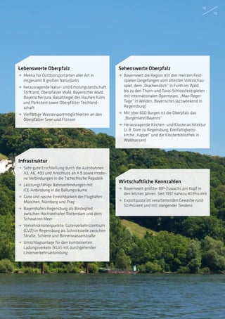 Lebenswerte Oberpfalz
ˌˌ Mekka für Outdoorsportarten aller Art in
­insgesamt 8 großen Naturparks
ˌˌ herausragende Natur- und Erholungslandschaft:
Stiftland, Oberpfälzer Wald, Bayerischer Wald,
Bayerischer Jura, Basaltkegel des Rauhen Kulm
und Parkstein sowie Oberpfälzer Teichland-
schaft
ˌˌ Vielfältige Wassersportmöglichkeiten an den
Oberpfälzer Seen und Flüssen
Infrastruktur
ˌˌ Sehr gute Erschließung durch die Autobahnen
A3, A6, A93 und Anschluss an A 9 sowie moder-
ne Verbindungen in die Tschechische Republik
ˌˌ Leistungsfähige Bahnverbindungen mit
­ICE-Anbindung in die Ballungsräume
ˌˌ Gute und rasche Erreichbarkeit der Flughäfen
München, Nürnberg und Prag
ˌˌ Bayernhafen Regensburg als Bindeglied
zwischen Hochseehafen Rotterdam und dem
Schwarzen Meer
ˌˌ Verkehrsknotenpunkte: Güterverkehrszentrum
(GVZ) in Regensburg als Schnittstelle zwischen
Straße, Schiene und Binnenwasserstraße
ˌˌ Umschlagsanlage für den kombinierten
Ladungsverkehr (KLV) mit durchgehender
­Linienverkehrsanbindung
Sehenswerte Oberpfalz
ˌˌ Bayernweit die Region mit den meisten Fest-
spielen (angefangen vom ältesten Volksschau-
spiel, dem „Drachenstich“ in Furth im Wald,
bis zu den Thurn-und-Taxis-Schlossfestspielen
mit internationalen Opernstars, „Max-Reger-
Tage“ in Weiden, Bayerisches Jazzweekend in
Regensburg)
ˌˌ Mit über 600 Burgen ist die Oberpfalz das
­„Burgenland Bayerns“
ˌˌ Herausragende Kirchen- und Klosterarchitektur
(z. B. Dom zu Regensburg, Dreifaltigkeits-
kirche „Kappel“ und die Klosterbibliothek in
­Waldsassen)
Wirtschaftliche Kennzahlen
ˌˌ Bayernweit größter BIP-Zuwachs pro Kopf in
den letzten Jahren. Seit 1997 nahezu 40 Prozent
ˌˌ Exportquote im verarbeitenden Gewerbe rund
50 Prozent und mit steigender Tendenz
74
75
 