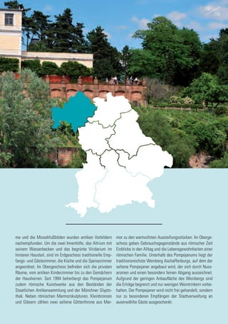 me und die Mosaikfußböden wurden antiken Vorbildern
nachempfunden. Um die zwei Innenhöfe, das Altrium mit
seinem Wasserbecken und das begrünte Viridarium im
hinteren Hausteil, sind im Erdgeschoss traditionelle Emp-
fangs- und Gästezimmer, die Küche und die Speisezimmer
angeordnet. Im Obergeschoss befinden sich die privaten
Räume, vom antiken Kinderzimmer bis zu den Gemächern
der Hausherren. Seit 1994 beherbergt das Pompejanum
zudem römische Kunstwerke aus den Beständen der
Staatlichen Antikensammlung und der Münchner Glypto-
thek. Neben römischen Marmorskulpturen, Kleinbronzen
und Gläsern zählen zwei seltene Götterthrone aus Mar-
mor zu den wertvollsten Ausstellungsstücken. Im Oberge-
schoss geben Gebrauchsgegenstände aus römischer Zeit
Einblicke in den Alltag und die Lebensgewohnheiten einer
römischen Familie. Unterhalb des Pompejanums liegt der
traditionsreichste Weinberg Aschaffenburgs, auf dem der
seltene Pompejaner angebaut wird, der sich durch Nuss-
aromen und einen besonders feinen Abgang auszeichnet.
Aufgrund der geringen Anbaufläche des Weinbergs sind
die Erträge begrenzt und nur wenigen Weintrinkern vorbe-
halten. Der Pompejaner wird nicht frei gehandelt, sondern
nur zu besonderen Empfängen der Stadtverwaltung an
auserwählte Gäste ausgeschenkt.
132
133
 