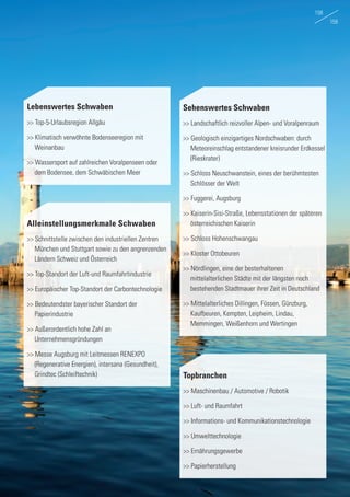 Lebenswertes Schwaben
>> Top-5-Urlaubsregion Allgäu
>> Klimatisch verwöhnte Bodenseeregion mit
	Weinanbau
>> Wassersport auf zahlreichen Voralpenseen oder
	 dem Bodensee, dem Schwäbischen Meer
Sehenswertes Schwaben
>> Landschaftlich reizvoller Alpen- und Voralpenraum
>> Geologisch einzigartiges Nordschwaben: durch 	
	 Meteoreinschlag entstandener kreisrunder Erdkessel 	
	(Rieskrater)
>> Schloss Neuschwanstein, eines der berühmtesten 	
	 Schlösser der Welt
>> Fuggerei, Augsburg
>> Kaiserin-Sisi-Straße, Lebensstationen der späteren 	
	 österreichischen Kaiserin
>> Schloss Hohenschwangau
>> Kloster Ottobeuren
>> Nördlingen, eine der besterhaltenen
	 mittelalterlichen Städte mit der längsten noch 	
	 bestehenden Stadtmauer ihrer Zeit in Deutschland
>> Mittelalterliches Dillingen, Füssen, Günzburg, 	
	 Kaufbeuren, Kempten, Leipheim, Lindau,
	 Memmingen, Weißenhorn und Wertingen
Alleinstellungsmerkmale Schwaben
>> Schnittstelle zwischen den industriellen Zentren 	
	 München und Stuttgart sowie zu den angrenzenden 	
	 Ländern Schweiz und Österreich
>> Top-Standort der Luft-und Raumfahrtindustrie
>> Europäischer Top-Standort der Carbontechnologie
>> Bedeutendster bayerischer Standort der
	Papierindustrie
>> Außerordentlich hohe Zahl an
	Unternehmensgründungen
>> Messe Augsburg mit Leitmessen RENEXPO
	 (Regenerative Energien), intersana (Gesundheit), 	
	 Grindtec (Schleiftechnik) Topbranchen
>> Maschinenbau / Automotive / Robotik
>> Luft- und Raumfahrt
>> Informations- und Kommunikationstechnologie
>> Umwelttechnologie
>> Ernährungsgewerbe
>> Papierherstellung
158
159
 