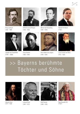 16
17
Emmy Noether
(1882 – 1935)
Werner Karl Heisenberg
(1901 – 1976)
Albrecht Dürer
(1471 – 1528)
König Ludwig II.
(1845 – 1886)
Hans Holbein der Jüngere
(1497 – 1543)
Adolf Dassler
(1900 – 1978)
Papst Benedikt XVI.
(*1927)
Lucas Cranach der Ältere
(1472 – 1553)
Ludwig Erhard
(1897 – 1977)
Wilhelm Conrad Röntgen
(1845 – 1923)
Theodor W. Hänsch
(*1941)
Joseph von Fraunhofer
(1787 – 1826)
>> Bayerns berühmte
Töchter und Söhne
 