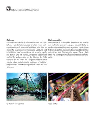 Maibaum
Das Maibaumaufstellen ist ein aus heidnischer Zeit über-
liefertes Fruchtbarkeitsritual, das vor allem in den südli-
chen bayerischen Städten und Gemeinden jedes Jahr am
ersten Mai begangen wird. Traditionelle Maibäume sind
hohe Fichten- oder Tannenstämme, die entrindet, weiß-
blau bemalt und mit bunten Zunftzeichen geschmückt
werden. Der Maibaum wird von den Männern des Dorfs
nach alter Art mit Seilen und Stangen aufgestellt. Diese
wichtige lokale Festlichkeit wird traditionell in Tracht be-
gangen und mit einem Kirchgang und dem Tanz in den Mai
verbunden.
Maibaumstehlen
Der Maibaum ist Statussymbol eines Dorfs und wird vor
dem Aufstellen von der Dorfjugend bewacht. Sollte es
den Burschen eines Nachbardorfs gelingen, den Maibaum
trotzdem zu stehlen, muss er mit einer zünftigen Brotzeit
und etlichen Mass Bier ausgelöst werden. Dieser „Dieb-
stahl“ hat allerdings rein kulturellen und sportlichen Cha-
rakter.
Der Maibaum wird aufgestellt Tanz in den Mai
Leben, wo andere Urlaub machen
 