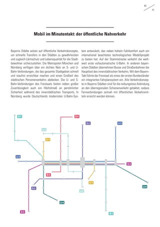 40
41
Mobil im Minutentakt: der öffentliche Nahverkehr
Bayerns Städte setzen auf öffentliche Verkehrskonzepte,
um schnelle Transfers in den Städten zu gewährleisten
und zugleich Lärmschutz und Lebensqualität für die Stadt-
bewohner sicherzustellen. Die Metropolen München und
Nürnberg verfügen über ein dichtes Netz an S- und U-
Bahn-Verbindungen, die das gesamte Stadtgebiet schnell
und staufrei erreichbar machen und einen Großteil des
städtischen Personenverkehrs abdecken. Die U- und S-
Bahn-Verbindungen des Freistaats bieten neben großer
Zuverlässigkeit auch ein Höchstmaß an persönlicher
Sicherheit während des innerstädtischen Transports. In
Nürnberg wurde Deutschlands modernstes U-Bahn-Sys-
tem entwickelt, das neben hohem Fahrkomfort auch ein
international beachtetes technologisches Modellprojekt
zu bieten hat: Auf der Stammstrecke verkehrt die welt-
weit erste vollautomatische U-Bahn. In anderen bayeri-
schen Städten übernehmen Busse und Straßenbahnen die
Hauptlast des innerstädtischen Verkehrs. Mit dem Bayern-
Takt führte der Freistaat als eines der ersten Bundesländer
ein integriertes Fahrplansystem ein. Alle Verkehrskonzep-
te in Bayerns Städten sind für die reibungslose Anbindung
an den überregionalen Schienenverkehr getaktet, sodass
Fernverbindungen zeitnah mit öffentlichen Verkehrsmit-
teln erreicht werden können.
S1
S1
U4
U4
U2
U2
U1
U1
U3
U3
S4
S4
S2
S2
S3
S3
 