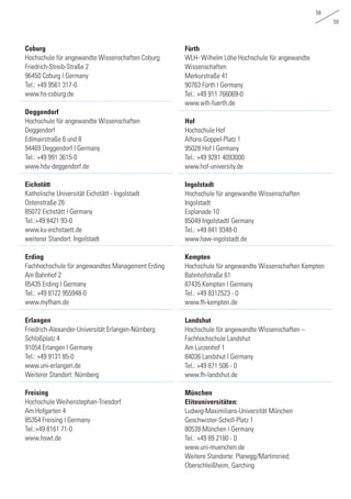 58
59
Coburg
Hochschule für angewandte Wissenschaften Coburg
Friedrich-Streib-Straße 2
96450 Coburg | Germany
Tel.: +49 9561 317-0
www.hs-coburg.de
Deggendorf
Hochschule für angewandte Wissenschaften
Deggendorf
Edlmairstraße 6 und 8
94469 Deggendorf | Germany
Tel.: +49 991 3615-0
www.hdu-deggendorf.de
Eichstätt
Katholische Universität Eichstätt - Ingolstadt
Ostenstraße 26
85072 Eichstätt | Germany
Tel.:+49 8421 93-0
www.ku-eichstaett.de
weiterer Standort: Ingolstadt
Erding
Fachhochschule für angewandtes Management Erding
Am Bahnhof 2
85435 Erding | Germany
Tel.: +49 8122 955948-0
www.myfham.de
Erlangen
Friedrich-Alexander-Universität Erlangen-Nürnberg
Schloßplatz 4
91054 Erlangen | Germany
Tel.: +49 9131 85-0
www.uni-erlangen.de
Weiterer Standort: Nürnberg
Freising
Hochschule Weihenstephan-Triesdorf
Am Hofgarten 4
85354 Freising | Germany
Tel.:+49 8161 71-0
www.hswt.de
Fürth
WLH- Wilhelm Löhe Hochschule für angewandte
Wissenschaften
Merkurstraße 41
90763 Fürth | Germany
Tel.: +49 911 766069-0
www.wlh-fuerth.de
Hof
Hochschule Hof
Alfons-Goppel-Platz 1
95028 Hof | Germany
Tel.: +49 9281 4093000
www.hof-university.de
Ingolstadt
Hochschule für angewandte Wissenschaften
Ingolstadt
Esplanade 10
85049 Ingolstadt| Germany
Tel.: +49 841 9348-0
www.haw-ingolstadt.de
Kempten
Hochschule für angewandte Wissenschaften Kempten
Bahnhofstraße 61
87435 Kempten | Germany
Tel.: +49 8312523 - 0
www.fh-kempten.de
Landshut
Hochschule für angewandte Wissenschaften –
Fachhochschule Landshut
Am Lurzenhof 1
84036 Landshut | Germany
Tel.: +49 871 506 - 0
www.fh-landshut.de
München
Eliteuniversitäten:
Ludwig-Maximilians-Universität München
Geschwister-Scholl-Platz 1
80539 München | Germany
Tel.: +49 89 2180 - 0
www.uni-muenchen.de
Weitere Standorte: Planegg/Martinsried;
Oberschleißheim, Garching
 