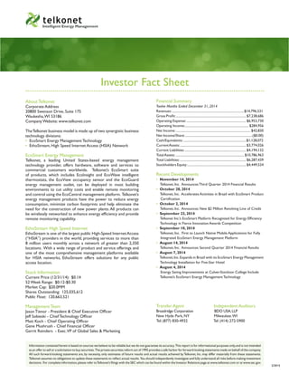 Investor Fact Sheet
	 About Telkonet
Corporate Address
20800 Swenson Drive, Suite 175
Waukesha,WI 53186
Company Website: www.telkonet.com
TheTelkonet business model is made up of two synergistic business
technology divisions:
• EcoSmart Energy Management Technology 	
• EthoStream, High Speed Internet Access (HSIA) Network
	 EcoSmart Energy Management
Telkonet, a leading United States-based energy management
technology provider, offers hardware, software and services to
commercial customers worldwide. Telkonet’s EcoSmart suite
of products, which includes EcoInsight and EcoWave intelligent
thermostats, the EcoView occupancy sensor and the EcoGuard
energy management outlet, can be deployed in most building
environments to cut utility costs and enable remote monitoring
and control using the EcoCentral management platform. Telkonet’s
energy management products have the power to reduce energy
consumption, minimize carbon footprints and help eliminate the
need for the construction of new power plants.All products can
be wirelessly networked to enhance energy efficiency and provide
remote monitoring capability.
	 EthoStream High Speed Internet
EthoStream is one of the largest public High-Speed InternetAccess
(“HSIA”) providers in the world, providing services to more than
8 million users monthly across a network of greater than 2,350
locations. With a wide range of product and service offerings and
one of the most comprehensive management platforms available
for HSIA networks, EthoStream offers solutions for any public
access location.
	 Stock Information
Current Price (12/31/14): $0.14
52 Week Range: $0.12-$0.30
Market Cap: $20.0MM
Shares Outstanding: 125,035,612
Public Float: 120,663,521
	 Management Team
Jason Tienor - President & Chief Executive Officer 	
Jeff Sobieski - Chief Technology Officer
Matt Koch - Chief Operating Officer 		
Gene Mushrush - Chief Financial Officer
Gerrit Reinders - Exec.VP of Global Sales & Marketing
Intelligent Energy Management
	 Financial Summary
Twelve Months Ended December 31, 2014
Revenues: .......................................................................................$14,796,531
Gross Profit:.....................................................................................$7,238,686
Operating Expense:........................................................................$6,953,730
Operating Income:............................................................................. $284,956
Net Income: .......................................................................................... $42,830
Net Income/Share:.................................................................................($0.00)
Cash/Equivalents: ............................................................................$1,128,072
CurrentAssets:................................................................................$3,774,026
Current Liabilities:..........................................................................$4,194,132
TotalAssets:...................................................................................$10,786,963
Total Liabilities:................................................................................$6,287,439
Stockholders Equity:.......................................................................$4,449,524
	 Recent Developments
• November 14, 2014
Telkonet, Inc. Announces Third Quarter 2014 Financial Results
• October 28, 2014
Telkonet, Inc. Accelerates Activities in Brazil with EcoSmart Product
Certification
• October 2, 2014
Telkonet, Inc. Announces New $2 Million Revolving Line of Credit
• September 23, 2014
Telkonet Inc.’s EcoSmart Platform Recognized for Energy Efficiency 	
Technology in Fierce Innovation Awards Competition
• September 10, 2014
Telkonet, Inc. First to Launch Native Mobile Applications for Fully 	
Integrated EcoSmart Energy Management Platform
• August 14, 2014
Telkonet, Inc. Announces Second Quarter 2014 Financial Results
• August 7, 2014
Telkonet,Inc.Expands in Brazil with its EcoSmart Energy Management
Technology Installation for Five-Star Hotel
• August 4, 2014
Energy Saving Improvements at Culver-Stockton College Include
Telkonet’s EcoSmart Energy Management Technology
	 Transfer Agent		 Independent Auditors
Broadridge Corporation	 BDO USA,LLP
New Hyde Park, NY	 	 Milwaukee.WI
Tel: (877) 830-4932		 Tel: (414) 272-5900
Information contained herein is based on sources we believe to be reliable but we do not guarantee its accuracy. This report is for informational purposes only,and is not intended
as an offer to sell or a solicitation to buy securities.The private securities reform act of 1995 provides a safe harbor for forward-looking statements made on behalf of the company.
All such forward-looking statements are, by necessity, only estimates of future results and actual results achieved by Telkonet, Inc. may differ materially from these statements.
Telkonet assumes no obligations to update these statements to reflect actual results. You should independently investigate and fully understand all risks before making investment
decisions. For complete information,please refer toTelkonet’s filings with the SEC which can be found within the Investor Relations page at www.telkonet.com or at www.sec.gov.
3/2015
 