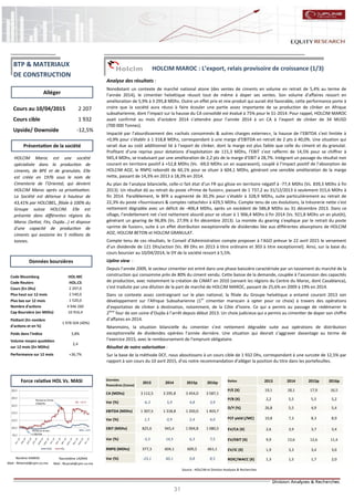 31
HOLCIM MAROC : L’export, relais provisoire de croissance (1/3)
Analyse des résultats :
Nonobstant un contexte de marché national atone (des ventes de ciments en volume en retrait de 5,4% au terme de
l’année 2014), le cimentier helvétique réussit tout de même à doper ses ventes. Son volume d’affaires ressort en
amélioration de 5,9% à 3 295,8 MDhs. Outre un effet prix et mix-produit qui aurait été favorable, cette performance porte à
croire que la société aura réussi à faire écouler une partie assez importante de sa production de clinker en Afrique
subsaharienne, dont l’impact sur la hausse du CA consolidé est évalué à 75% pour le S1-2014. Pour rappel, HOLCIM MAROC
avait confirmé au mois d’octobre 2014 s’attendre pour l’année 2014 à un CA à l’export de clinker de 34 MUSD
(700 000 Tonnes).
Impacté par l’alourdissement des «achats consommés & autres charges externes», la hausse de l’EBITDA s’est limitée à
+0,9% pour s’établir à 1 318,8 MDhs, correspondant à une marge d’EBITDA en retrait de 2 pts à 40,0%. Une situation qui
serait due au coût additionnel lié à l’export de clinker, dont la marge est plus faible que celle du ciment et du granulat.
Profitant d’une reprise pour dotations d’exploitation de 115,3 MDhs, l’EBIT s’est raffermi de 14,5% pour se chiffrer à
945,4 MDhs, se traduisant par une amélioration de 2,2 pts de la marge d’EBIT à 28,7%. Intégrant un passage du résultat non
courant en territoire positif à +52,8 MDhs (Vs. -69,0 MDhs un an auparavant), couplé à l’impact positif de l’absorption de
HOLCIM AOZ, le RNPG rebondit de 60,1% pour se situer à 604,1 MDhs, générant une sensible amélioration de la marge
nette, passant de 14,3% en 2013 à 18,3% en 2014.
Au plan de l’analyse bilancielle, celle-ci fait état d’un FR qui glisse en territoire négatif à -77,4 MDhs (Vs. 839,3 MDhs à fin
2013). Un résultat dû au retrait du poste «Prime de fusion», passant de 1 737,2 au 31/12/2013 à seulement 315,6 MDhs à
fin 2014. Parallèlement, le BFR a augmenté de 30,3% pour s’établir à 328,9 MDhs, suite particulièrement au retrait de
22,3% du poste «fournisseurs & comptes rattachés» à 429,5 MDhs. Compte tenu de ces évolutions, la trésorerie nette s’est
nettement dégradée avec un déficit de -406,4 MDhs, après un excédent de 586,8 MDhs au 31 décembre 2013. Dans ce
sillage, l’endettement net s’est nettement alourdi pour se situer à 1 906,4 MDhs à fin 2014 (Vs. 921,8 MDhs un an plutôt),
générant un gearing de 96,8% (Vs. 27,9% à fin décembre 2013). La montée du gearing s’explique par le retrait du poste
«prime de fusion», suite à un effet distribution exceptionnelle de dividendes liée aux différentes absorptions de HOLCIM
AOZ, HOLCIM BETON et HOLCIM GRANULAT.
Compte tenu de ces résultats, le Conseil d’Administration compte proposer à l’AGO prévue le 22 avril 2015 le versement
d’un dividende de 121 Dhs/action (Vs. 89 Dhs en 2013 à titre ordinaire et 303 à titre exceptionnel). Ainsi, sur la base du
cours boursier au 10/04/2014, le DY de la société ressort à 5,5%.
Upline view :
Depuis l’année 2009, le secteur cimentier est entré dans une phase baissière caractérisée par un tassement du marché de la
construction qui consomme près de 80% du ciment vendu. Cette baisse de la demande, couplée à l’ascension des capacités
de production, avec notamment la création de CIMAT en 2010 (servant les régions du Centre du Maroc, dont Casablanca),
s’est traduite par une dilution de la part de marché de HOLCIM MAROC, passant de 25,6% en 2009 à 19% en 2014.
Dans ce contexte assez contraignant sur le plan national, la filiale du Groupe helvétique a entamé courant 2013 son
développement sur l’Afrique Subsaharienne (1er
cimentier marocain à opter pour ce choix) à travers des opérations
d’exportation de clinker à destination, notamment, de la Côte d’Ivoire. Ce qui a permis au passage de redémarrer le
2ème
four de son usine d’Oujda à l’arrêt depuis début 2013. Un choix judicieux qui a permis au cimentier de doper son chiffre
d’affaires en 2014.
Néanmoins, la situation bilancielle du cimentier s’est nettement dégradée suite aux opérations de distribution
exceptionnelle de dividendes opérées l’année dernière. Une situation qui devrait s’aggraver davantage au terme de
l’exercice 2015, avec le remboursement de l’emprunt obligataire.
Résultat de notre valorisation :
Sur la base de la méthode DCF, nous aboutissons à un cours cible de 1 932 Dhs, correspondant à une surcote de 12,5% par
rapport à son cours du 10 avril 2015, d’où notre recommandation d’alléger la position du titre dans les portefeuilles.
Nordine HAMIDI
Mail : NHamidi@cpm.co.ma
Nasreddine LAZRAK
Mail : NLazrak@cpm.co.ma
Cours au 10/04/2015 2 207
Cours cible 1 932
Upside/ Downside -12,5%
Code Bloomberg HOL:MC
Code Reuters HOL.CS
Cours (En Dhs) 2 207,0
Plus haut sur 12 mois 2 540,0
Plus bas sur 12 mois 1 520,0
Nombre d'actions 4 946 260
Cap Boursière (en MDhs) 10 916,4
Flottant (En nombre
d'actions et en %)
1 978 504 (40%)
Poids dans l'indice 3,8%
Volume moyen quotidien
sur 12 mois (En MDhs)
2,4
Performance sur 12 mois +36,7%
Données
financières (Conso)
2013 2014 2015p 2016p
CA (MDhs) 3 112,5 3 295,8 3 454,0 3 587,1
Var (%) -6,3 5,9 4,8 3,9
EBITDA (MDhs) 1 307,5 1 318,8 1 350,0 1 403,7
Var (%) 1,5 0,9 2,4 4,0
EBIT (MDhs) 825,6 945,4 1 004,8 1 080,5
Var (%) -5,5 14,5 6,3 7,5
RNPG (MDhs) 377,3 604,1 609,2 661,1
Var (%) -23,1 60,1 0,8 8,5
Alléger
Source : HOLCIM et Division Analyses & Recherches
Données boursières
Force relative HOL Vs. MASI
Présentation de la société
BTP & MATERIAUX
DE CONSTRUCTION
HOLCIM Maroc est une société
spécialisée dans la production de
ciments, de BPE et de granulats. Elle
est créée en 1976 sous le nom de
Cimenterie de l’Oriental, qui devient
HOLCIM Maroc après sa privatisation.
La Société est détenue à hauteur de
43,41% par HOLCIBEL, filiale à 100% du
Groupe suisse HOLCIM. Elle est
présente dans différentes régions du
Maroc (Settat, Fès, Oujda...) et dispose
d'une capacité de production de
ciments qui avoisine les 5 millions de
tonnes.
Ratios 2013 2014 2015p 2016p
P/E (X) 19,1 18,1 17,9 16,5
P/B (X) 2,2 5,5 5,5 5,2
D/Y (%) 26,8 5,5 4,9 5,4
FCF yield (/MC) 10,8 7,3 8,3 8,9
EV/CA (X) 2,6 3,9 3,7 3,4
EV/EBIT (X) 9,9 13,6 12,6 11,4
EV/IC (X) 1,9 3,3 3,4 3,6
ROIC/WACC (X) 1,3 1,5 1,7 2,0
 