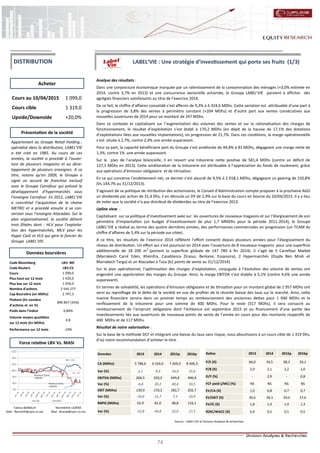74
LABEL’VIE : Une stratégie d’investissement qui porte ses fruits (1/3)
Analyse des résultats :
Dans une conjoncture économique marquée par un ralentissement de la consommation des ménages (+3,0% estimée en
2014, contre 3,7% en 2013) et une concurrence sectorielle acharnée, le Groupe LABEL’VIE parvient à afficher des
agrégats financiers satisfaisants au titre de l’exercice 2014.
De ce fait, le chiffre d’affaires consolidé s’est affermi de 9,3% à 6 324,6 MDhs. Cette variation est attribuable d’une part à
la progression de 3,8% des ventes à périmètre constant (+204 MDhs) et d’autre part aux ventes consécutives aux
nouvelles ouvertures de 2014 pour un montant de 247 MDhs.
Dans ce contexte et capitalisant sur l’augmentation des volumes des ventes et sur la rationalisation des charges de
fonctionnement, le résultat d’exploitation s’est établi à 170,2 MDhs (en dépit de la hausse de 17,1% des dotations
d’exploitations liées aux nouvelles implantations), en progression de 21,7%. Dans ces conditions, la marge opérationnelle
s’est située à 2,7%, contre 2,4% une année auparavant.
Pour sa part, la capacité bénéficiaire part du Groupe s’est améliorée de 44,8% à 81 MDhs, dégageant une marge nette de
1,3%, contre 1% une année auparavant.
Sur le plan de l’analyse bilancielle, il en ressort une trésorerie nette positive de 581,4 MDhs (contre un déficit de
127,1 MDhs en 2013). Cette amélioration de la trésorerie est attribuable à l’appréciation du fonds de roulement, grâce
aux opérations d’émission obligataire et de titrisation.
En ce qui concerne l’endettement net, ce dernier s’est alourdi de 9,5% à 2 018,1 MDhs, dégageant un gearing de 150,8%
(Vs.144,7% au 31/12/2013).
S’agissant de sa politique de rétribution des actionnaires, le Conseil d’Administration compte proposer à la prochaine AGO
un dividende par action de 31,4 Dhs, il en découle un DY de 2,9% sur la base du cours en bourse du 10/04/2015. Il y a lieu
de noter que la société n’a pas distribué de dividendes au titre de l’exercice 2013.
Upline view :
Capitalisant sur sa politique d’investissement axée sur les ouvertures de nouveaux magasins et sur l’élargissement de son
périmètre d’implantation (un budget d’investissement de plus 1,7 MMDhs pour la période 2011-2014), le Groupe
LABEL’VIE a réalisé au terme des quatre dernières années, des performances commerciales en progression (un TCAM du
chiffre d’affaires de 5,4% sur la période sus-citée).
A ce titre, les résultats de l’exercice 2014 reflètent l’effort consenti depuis plusieurs années pour l’élargissement du
réseau de distribution. Un effort qui s’est poursuivi en 2014 avec l’ouverture de 8 nouveaux magasins pour une superficie
additionnelle de 18 200 m2
(portant la superficie globale de 147 780 à fin 2014). Il s’agit de 5 Carrefour Market
(Marrakech Carré Eden, Khénifra, Casablanca Ziraoui, Berkane, Essaouira), 2 Hypermarchés (Oujda Ben Mrah et
Marrakech Targa) et un Atacadao à Taza (62 points de vente au 31/12/2014).
Sur le plan opérationnel, l’optimisation des charges d’exploitation, conjuguée à l’évolution des volume de ventes ont
engendré une appréciation des marges du Groupe. Ainsi, la marge EBITDA s’est établie à 5,1% (contre 4,6% une année
auparavant).
En termes de solvabilité, les opérations d’émission obligataire et de titrisation pour un montant global de 1 957 MDhs ont
servi au reprofilage de la dette de la société en vue de profiter de la récente baisse des taux sur le marché. Ainsi, cette
manne financière servira dans un premier temps au remboursement des anciennes dettes pour 1 040 MDhs et le
renflouement de la trésorerie pour une somme de 400 MDhs. Pour le reste (517 MDhs), il sera consacré au
remboursement de l’emprunt obligataire dont l’échéance est septembre 2015 et au financement d’une partie des
investissements liés aux ouvertures de nouveaux points de vente de l’année en cours pour des montants respectifs de
400 MDhs et de 117 MDhs.
Résultat de notre valorisation :
Sur la base de la méthode DCF et intégrant une baisse du taux sans risque, nous aboutissons à un cours cible de 1 319 Dhs,
d’où notre recommandation d’acheter le titre .
Nasreddine LAZRAK
Mail : NLarak@cpm.co.ma
Cours au 10/04/2015 1 099,0
Cours cible 1 319,0
Upside/Downside +20,0%
Code Bloomberg LBV: MC
Code Reuters LBV.CS
Cours 1 099,0
Plus haut sur 12 mois 1 420,0
Plus bas sur 12 mois 1 050,0
Nombre d'actions 2 545 277
Cap Boursière (en MDhs) 2 797,3
Flottant (En nombre
d'actions et en %)
890 847 (35%)
Poids dans l'indice 0,84%
Volume moyen quotidien
sur 12 mois (En MDhs)
0.8
Performance sur 12 mois -19%
Acheter
Source : LABEL’VIE et Division Analyses & recherches
Données boursières
Force relative LBV Vs. MASI
Présentation de la société
DISTRIBUTION
Appartenant au Groupe Retail Holding ,
spécialisé dans la distribution, LABEL’VIE
a été créé en 1985. Au cours de ces
années, la société a procédé à l’ouver-
ture de plusieurs magasins et au déve-
loppement de plusieurs enseignes. A ce
titre, notons qu’en 2009, le Groupe a
signé un accord de franchise exclusif
avec le Groupe Carrefour qui prévoit le
développement d’hypermarchés sous
l’enseigne Carrefour. En 2012, LABEL’VIE
a concrétisé l’acquisition de la chaine
METRO et a procédé ensuite à sa con-
version sous l’enseigne Atacadao. Sur le
plan organisationnel, la société détient
trois filiales dont : HLV pour l’exploita-
tion des hypermarchés, MLV pour les
Hyper Cash et VLV qui gère le foncier du
Groupe LABEL’VIE.
Fatima BENMLIH
Mail : fbenmlih@cpm.co.ma
Données 2013 2014 2015p 2016p
CA (MDhs) 5 788,6 6 324,6 7 269,0 8 406,3
Var (%) 2,1 9,3 14,9 15,6
EBITDA (MDhs) 266,5 320,5 449,8 496,9
Var (%) -6,6 20,2 40,4 10,5
EBIT (MDhs) 139,9 170,2 182,7 202,7
Var (%) -16,6 21,7 7,3 10,9
RNPG (MDhs) 55,9 81,0 98,8 116,1
Var (%) -52,8 44,8 22,0 17,5
Ratios 2013 2014 2015p 2016p
P/E (X) 66,0 34,5 28,3 24,1
P/B (X) 2,9 2,1 2,2 2,0
D/Y (%) - 2,9 - 0,8
FCF yield (/MC) (%) NS NS NS NS
EV/CA (X) 1,0 0,8 0,7 0,7
EV/EBIT (X) 39,6 28,3 29,0 27,6
EV/IC (X) 1,8 1,4 1,4 1,3
ROIC/WACC (X) 0,4 0,5 0,5 0,5
 