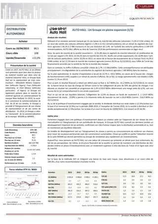 78
AUTO HALL : Un Groupe en pleine expansion (1/3)
Analyse des résultats :
Pâtissant d’un contexte sectoriel marqué par (i) une baisse du marché des véhicules industriels (-5,2% à 4 254 unités), (ii)
un recul des ventes des voitures utilitaires légères (-1,3% à 12 411 immatriculations), (iii) un retrait du segment des trac-
teurs agricoles (-30,1% à 2 986 tracteurs) et (iv) une évolution de 1,4% de l’activité des voitures particulières à 109 670
immatriculations, AUTO HALL affiche au titre de l’exercice 2014 des performances commerciales en léger recul .
Ainsi, les parts de marché de la société ressortent à : (i) 41,8% dans le segment du marché industriel, en amélioration de
3,2 pts par rapport à fin 2013, (ii) 26,1% dans le marché des VUL (Vs. 26,6% une année auparavant), (iii) 10,9% dans l’acti-
vité de voitures particulières, contre 10,2% en 2013, en raison de la hausse des écoulements de sa marque Ford (+6,2% à
9 846 unités) et (iv) 17,5% dans le marché des tracteurs agricoles (contre 29,5% au 31/12/2013), sous l’effet de l’arrêt des
financements accordés par la société du fait de la montée des impayés.
Dans ce contexte, le chiffre d’affaires consolidé s’étiole de 1,7% à 3 396,8 MDhs. Cette contreperformance est attribuable
principalement à la dégradation de la contribution du segment de tracteurs agricoles (-180 MDhs) dans les revenus.
Sur le plan opérationnel, le résultat d’exploitation a reculé de 12,7% à 333,3 MDhs, en raison de la hausse des charges
de fonctionnement (+4%) couplée à un retrait du volume d’affaires. De ce fait, la marge opérationnelle s’est établie à 9,8%
(contre 11,1% en 2013).
Pour sa part, le résultat financier a réduit son déficit pour se fixer à -8,7 MDhs (Vs. -61,2 MDhs au 31/12/2013), en raison
de la bonne tenue du taux de change du Dirham conte le Yen (allègement de près de 59% des pertes de change). Il en
découle un résultat net consolidé en progression de 1,1% à 219,9 MDhs déterminant une marge nette de 6,5%, soit une
hausse de 0,2 pt comparativement à une année auparavant.
Pour ce qui est de son équilibre bilanciel, l’allègement de 12,9% du besoin en fonds de roulement à 1 114,9 MDhs
(écoulement de stocks -23,8%) a permis à la trésorerie nette de basculer au vert à 26,8 MDhs (contre -216,9 MDhs au
31/12/2013).
Au vu de la politique d’investissement engagée par la société, le dividende distribué est resté stable à 3,5 Dhs/action (sur
la base d’un nominal de 10 Dhs) sur la période 2008-2014, à l’exception de l’année 2010, où la société a distribué un divi-
dende exceptionnel de 2,5 Dhs/action. Sur la base d’un cours en bourse du 10/04/2015, il en ressort un DY de 4% .
Upline view :
Fortement engagée dans une politique d’investissement depuis sa création axée sur l’expansion de son réseau de com-
mercialisation et l’élargissement de son portefeuille de marques, le Groupe AUTO HALL connaît ces dernières années un
développement important de ses activités, confirmant son rôle d’acteur majeur dans la distribution automobile et ce, tout
en maintenant ses équilibres bilanciels.
Ce modèle de développement axé sur l’élargissement du réseau a permis au concessionnaire de renforcer ses chances
pour nouer de nouveaux partenariats avec des constructeurs automobiles. Chose qui justifie en partie l’obtention récente
de la carte NISSAN qui devrait permettre au Groupe de rentabiliser plus rapidement ses investissements.
Aujourd’hui, nous pensons qu’AUTO HALL est une valeur de croissance qui présente un attrait pour tout actionnaire, du
fait de ses perspectives. De même, la structure financière de la société lui permet de maintenir une distribution de divi-
dendes (même en phase d’investissements) avec un rendement supérieur à celui des bons du Trésor et en ligne avec celui
du marché.
Résultat de notre valorisation :
Sur la base de la méthode DCF et intégrant une baisse du taux sans risque, nous aboutissons à un cours cible de
108 Dhs, d’où notre recommandation d’acheter le titre .
Nasreddine LAZRAK
Mail : NLarak@cpm.co.ma
Cours au 10/04/2015 88,5
Cours cible 108
Upside/Downside +22,0%
Code Bloomberg ATH: MC
Code Reuters AUTO.CS
Cours 88,5
Plus haut sur 12 mois 95,0
Plus bas sur 12 mois 79,34
Nombre d'actions 48 119 790
Cap Boursière (en MDhs) 4 258,6
Flottant (En nombre
d'actions et en %)
14 435 937 (30%)
Poids dans l'indice 1,11%
Volume moyen quotidien
sur 12 mois (En MDhs)
1,5
Performance sur 12 mois +5,4%
Acheter
Source : AUTO HALL et Division Analyses & recherches
Données boursières
Force relative ATH Vs. MASI
Présentation de la société
DISTRIBUTION
AUTOMOBILE
Créée en 1927, AUTO HALL et ses filiales
sont présentes aussi bien dans le secteur
du matériel roulant que dans celui du
matériel industriel. Ainsi, le Groupe Auto
Hall est le représentant de trois cons-
tructeurs : Mitsubishi Motors Corpora-
tion (véhicules légers), Fuso (Véhicules
industriels), et Ford Motors (véhicules
particuliers et légers). Le Groupe est
également présent dans le marché du
matériel agricole en commercialisant la
marque New Holland. En 2010, la socié-
té a commencé la commercialisation de
Fiat. Au fil de ces années, le Groupe a
procédé à l’élargissement de son réseau
de représentation et de ses cartes de
distribution. En 2014, le Groupe a obte-
nu l’exclusivité de la commercialisation
de la marque NISSAN au MAROC.
Fatima BENMLIH
Mail : fbenmlih@cpm.co.ma
Données 2013 2014 2015p 2016p
CA (MDhs) 3 455,6 3 396,8 3 928,1 4 100,1
Var (%) 4,5 -1,7 15,6 4,4
EBITDA (MDhs) 461,5 402,3 496,9 516,6
Var (%) 22,4 -12,8 23,5 4,0
EBIT (MDhs) 381,9 333,3 387,2 400,5
Var (%) 21,5 -12,7 16,2 3,4
RN CONSO (MDhs) 217,5 219,9 248,7 257,7
Var (%) 8,5 1,1 13,1 3,6
Ratios 2013 2014 2015p 2016p
P/E (X) 17,5 19,4 17,1 16,5
P/B (X) 2,2 2,4 2,4 2,3
D/Y (%) 4,4 4,0 4,0 4,0
FCF yield (/MC) (%) 17,6 8,0 3,3 4,4
EV/CA (X) 1,2 1,2 1,1 1,0
EV/EBIT (X) 10,5 12,7 10,9 10,6
EV/IC (X) 2,1 2,4 2,4 2,3
ROIC/WACC (X) 1,5 1,5 1,8 1,8
 