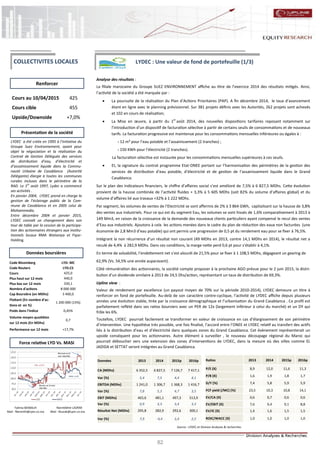 82
LYDEC : Une valeur de fond de portefeuille (1/3)
Analyse des résultats :
La filiale marocaine du Groupe SUEZ ENVIRONNEMENT affiche au titre de l’exercice 2014 des résultats mitigés. Ainsi,
l’activité de la société a été marquée par :
 La poursuite de la réalisation du Plan d’Actions Prioritaires (PAP). A fin décembre 2014, le taux d’avancement
étant en ligne avec le planning prévisionnel. Sur 381 projets définis avec les Autorités, 262 projets sont achevés
et 102 en cours de réalisation;
 La Mise en œuvre, à partir du 1er
août 2014, des nouvelles dispositions tarifaires reposant notamment sur
l’introduction d’un dispositif de facturation sélective à partir de certains seuils de consommations et de nouveaux
tarifs. La facturation progressive est maintenue pour les consommations mensuelles inférieures ou égales à :
 12 m³ pour l’eau potable et l’assainissement (2 tranches) ;
 150 KWh pour l’électricité (2 tranches).
La facturation sélective est instaurée pour les consommations mensuelles supérieures à ces seuils.
 Et, la signature du contrat programme Etat-ONEE portant sur l’harmonisation des périmètres de la gestion des
services de distribution d’eau potable, d’électricité et de gestion de l’assainissement liquide dans le Grand
Casablanca.
Sur le plan des indicateurs financiers, le chiffre d’affaires social s’est amélioré de 7,5% à 6 827,5 MDhs. Cette évolution
provient de la hausse combinée de l’activité fluides + 3,3% à 5 605 MDhs (soit 82% du volume d’affaires global) et du
volume d’affaires lié aux travaux +32% à 1 222 MDhs.
Par segment, les volumes de ventes de l’Electricité se sont affermis de 2% à 3 864 GWh, capitalisant sur la hausse de 3,8%
des ventes aux industriels. Pour ce qui est du segment Eau, les volumes se sont hissés de 1,6% comparativement à 2013 à
149 Mm3, en raison de la croissance de la demande des nouveaux clients particuliers ayant compensé le recul des ventes
d’Eau aux industriels. Ajoutons à cela les actions menées dans le cadre du plan de réduction des eaux non facturées (une
économie de 2,8 Mm3 d’eau potable) qui ont permis une progression de 0,5 pt du rendement eau pour se fixer à 76,5%.
Intégrant la non récurrence d’un résultat non courant (49 MDhs en 2013, contre 14,1 MDhs en 2014), le résultat net a
reculé de 4,4% à 282,9 MDhs. Dans ces conditions, la marge nette perd 0,6 pt pour s’établir à 4,1%.
En terme de solvabilité, l’endettement net s’est alourdi de 21,5% pour se fixer à 1 108,5 MDhs, dégageant un gearing de
62,9% (Vs. 54,5% une année auparavant).
Côté rémunération des actionnaires, la société compte proposer à la prochaine AGO prévue pour le 2 juin 2015, la distri-
bution d’un dividende similaire à 2013 de 24,5 Dhs/action, représentant un taux de distribution de 69,3%.
Upline view :
Valeur de rendement par excellence (un payout moyen de 70% sur la période 2010-2014), LYDEC demeure un titre à
renforcer en fond de portefeuille. Au-delà de son caractère contre-cyclique, l’activité de LYDEC affiche depuis plusieurs
années une évolution stable, tirée par la croissance démographique et l’urbanisation du Grand Casablanca . Ce profil est
parfaitement reflété dans ses ratios boursiers avec un PER de 12x (largement inférieur à celui du marché) et un DY qui
frôle les 6%.
Toutefois, LYDEC pourrait facilement se transformer en valeur de croissance en cas d’élargissement de son périmètre
d’intervention. Une hypothèse très possible, une fois finalisé, l’accord entre l’ONEE et LYDEC relatif au transfert des actifs
liés à la distribution d’eau et d’électricité dans quelques zones du Grand Casablanca. Cet évènement représenterait un
upside conséquent pour les actionnaires. Autre élément à surveiller , le nouveau découpage régional du Maroc qui
pourrait déboucher vers une extension des zones d’interventions de LYDEC, dans la mesure où des villes comme EL
JADIDA et SETTAT seront intégrées au Grand Casablanca.
Nasreddine LAZRAK
Mail : NLarak@cpm.co.ma
Cours au 10/04/2015 425
Cours cible 455
Upside/Downside +7,0%
Code Bloomberg LYD: MC
Code Reuters LYD.CS
Cours 425,0
Plus haut sur 12 mois 440,0
Plus bas sur 12 mois 330,1
Nombre d'actions 8 000 000
Cap Boursière (en MDhs) 3 400,0
Flottant (En nombre d'ac-
tions et en %)
1 200 000 (15%)
Poids dans l'indice 0,45%
Volume moyen quotidien
sur 12 mois (En MDhs)
0,7
Performance sur 12 mois +17,7%
Renforcer
Source : LYDEC et Division Analyses & recherches
Données boursières
Force relative LYD Vs. MASI
Présentation de la société
COLLECTIVITES LOCALES
LYDEC a été créée en 1995 à l’initiative du
Groupe Suez Environnement, ayant pour
objet la négociation et la réalisation du
Contrat de Gestion Déléguée des services
de distribution d’eau, d’électricité et
d’assainissement liquide dans la Commu-
nauté Urbaine de Casablanca (Autorité
Délégante) élargie à toutes les communes
rurales incluses dans le périmètre de la
RAD. Le 1er
août 1997, Lydec a commencé
ses activités .
En janvier 2004, LYDEC prend en charge la
gestion de l’éclairage public de la Com-
mune de Casablanca et en 2005 celui de
Mohammedia.
Entre décembre 2004 et janvier 2015,
LYDEC connaît un changement dans son
tour de table par la cession de la participa-
tion des actionnaires étrangers aux institu-
tionnels locaux RMA Wataniya et Fipar-
Holding.
Fatima BENMLIH
Mail : fbenmlih@cpm.co.ma
Données 2013 2014 2015p 2016p
CA (MDhs) 6 352,5 6 827,5 7 126,7 7 417,1
Var (%) 5,4 7,5 4,4 4,1
EBITDA (MDhs) 1 241,0 1 306,7 1 368,3 1 416,7
Var (%) 7,8 5,3 4,7 3,5
EBIT (MDhs) 465,6 481,1 497,3 513,9
Var (%) 0,9 3,3 3,4 3,3
Résultat Net (MDhs) 295,8 282,9 292,6 300,1
Var (%) 7,9 -4,4 3,4 2,5
Ratios 2013 2014 2015p 2016p
P/E (X) 8,9 12,0 11,6 11,3
P/B (X) 1,6 1,9 1,8 1,7
D/Y (%) 7,4 5,8 5,9 5,9
FCF yield (/MC) (%) 23,5 10,3 10,8 14,1
EV/CA (X) 0,6 0,7 0,6 0,6
EV/EBIT (X) 7,6 9,4 9,1 8,8
EV/IC (X) 1,4 1,6 1,5 1,5
ROIC/WACC (X) 1,0 1,0 1,0 1,0
 