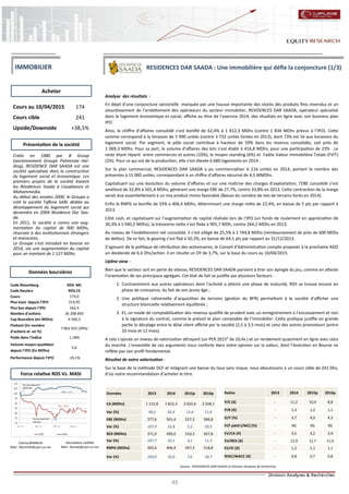 45
RESIDENCES DAR SAADA : Une immobilière qui défie la conjoncture (1/3)
Analyse des résultats :
En dépit d’une conjoncture sectorielle marquée par une hausse importante des stocks des produits finis invendus et un
alourdissement de l’endettement des opérateurs du secteur immobilier, RESIDENCES DAR SAADA, opérateur spécialisé
dans le logement économique et social, affiche au titre de l’exercice 2014, des résultats en ligne avec son business plan
IPO.
Ainsi, le chiffre d’affaires consolidé s’est bonifié de 62,4% à 1 812,3 MDhs (contre 1 834 MDhs prévus à l’IPO). Cette
somme correspond à la livraison de 5 990 unités (contre 3 732 unités livrées en 2013), dont 73% est lié aux livraisons du
logement social. Par segment, le pôle social contribue à hauteur de 59% dans les revenus consolidés, soit près de
1 069,3 MDhs. Pour sa part, le volume d’affaires des lots s’est établi à 416,8 MDhs, pour une participation de 23% . Le
reste étant réparti entre commerces et autres (10%), le moyen standing (6%) et Faible Valeur Immobilière Totale (FVIT)
(2%). Pour ce qui est de la production, elle s’est élevée 6 680 logements en 2014 .
Sur le plan commercial, RESIDENCES DAR SAADA a pu commercialiser 6 216 unités en 2014, portant le nombre des
préventes à 15 000 unités, correspondant à un chiffre d’affaires sécurisé de 4,5 MMDhs.
Capitalisant sur une évolution du volume d’affaires et sur une maîtrise des charges d’exploitation, l’EBE consolidé s’est
amélioré de 32,8% à 501,4 MDhs, générant une marge EBE de 27,7%, contre 33,8% en 2013. Cette contraction de la marge
serait due essentiellement à un mix produit moins favorable (Baisse du nombre de lots de terrains livrés en 2014).
Enfin le RNPG se bonifie de 33% à 406,4 MDhs, déterminant une marge nette de 22,4%, en baisse de 5 pts par rapport à
2013.
Côté cash, et capitalisant sur l’augmentation de capital réalisée lors de l’IPO (un fonds de roulement en appréciation de
30,3% à 5 940,2 MDhs), la trésorerie nette s’est fixée à 905,7 MDh, contre 264,2 MDhs en 2013.
Au niveau de l’endettement net consolidé, il s’est allégé de 25,5% à 1 744,8 MDhs (remboursement de près de 600 MDhs
de dettes). De ce fait, le gearing s’est fixé à 50,3%, en baisse de 64,1 pts par rapport au 31/12/2013.
S’agissant de la politique de rétribution des actionnaires, le Conseil d’Administration compte proposer à la prochaine AGO
un dividende de 6,4 Dhs/action. Il en résulte un DY de 3,7%, sur la base du cours au 10/04/2015.
Upline view :
Bien que le secteur soit en perte de vitesse, RESIDENCES DAR SAADA parvient à tirer son épingle du jeu, comme en atteste
l’orientation de ses principaux agrégats. Cet état de fait se justifie par plusieurs facteurs :
1. Contrairement aux autres opérateurs dont l’activité a atteint une phase de maturité, RDS se trouve encore en
phase de croissance, du fait de son jeune âge ;
2. Une politique rationnelle d’acquisition de terrains (gestion du BFR) permettant à la société d’afficher une
structure bilancielle relativement équilibrée ;
3. Et, un mode de comptabilisation des revenus qualifié de prudent avec un enregistrement à l’encaissement et non
à la signature du contrat, comme le prévoit le plan comptable de l’immobilier. Cette pratique justifie en grande
partie le décalage entre le délai client affiché par la société (2,5 à 3,5 mois) et celui des autres promoteurs (entre
10 mois et 12 mois).
A cela s’ajoute un niveau de valorisation attrayant (un PER 2015p
de 10,4x ) et un rendement quasiment en ligne avec celui
du marché. L’ensemble de ces arguments nous conforte dans notre opinion sur la valeur, dont l’évolution en Bourse ne
reflète pas son profil fondamental.
Résultat de notre valorisation :
Sur la base de la méthode DCF et intégrant une baisse du taux sans risque, nous aboutissons à un cours cible de 241 Dhs,
d’où notre recommandation d’acheter le titre.
Nasreddine LAZRAK
Mail : NLarak@cpm.co.ma
Cours au 10/04/2015 174
Cours cible 241
Upside/Downside +38,5%
Code Bloomberg RDS: MC
Code Reuters RDS.CS
Cours 174,0
Plus haut depuis l’IPO 214,95
Plus bas depuis l’IPO 162,4
Nombre d'actions 26 208 850
Cap Boursière (en MDhs) 4 560,3
Flottant (En nombre
d'actions et en %)
7 862 655 (30%)
Poids dans l'indice 1,18%
Volume moyen quotidien
depuis l’IPO (En MDhs)
5,6
Performance depuis l’IPO -19,1%
Acheter
Source : RESIDENCES DAR SAADA et Division Analyses & recherches
Données boursières
Force relative RDS Vs. MASI
Présentation de la société
IMMOBILIER
Créée en 1980 par B Group
(anciennement Groupe Palmeraie Hol-
ding), RESIDENCE DAR SAADA est une
société spécialisée dans la construction
du logement social et économique. Les
premiers projets de la société étaient
les Résidences Saada à Casablanca et
Mohammedia.
Au début des années 2000, le Groupe a
créé la société Tafkine SARL dédiée au
développement du logement social qui
deviendra en 2004 Résidence Dar Saa-
da.
En 2011, la société a connu une aug-
mentation du capital de 900 MDhs,
réservée à des institutionnels étrangers
et marocains.
Le Groupe s’est introduit en bourse en
2014, via une augmentation du capital
pour un montant de 1 127 MDhs.
Fatima BENMLIH
Mail : fbenmlih@cpm.co.ma
Données 2013 2014 2015p 2016p
CA (MDhs) 1 115,8 1 812,3 2 022,6 2 258,1
Var (%) 58,2 62,4 11,6 11,6
EBE (MDhs) 377,6 501,4 527,3 584,8
Var (%) 107,9 32,8 5,2 10,9
REX (MDhs) 371,0 490,0 510,3 567,8
Var (%) 107,7 32,1 4,1 11,3
RNPG (MDhs) 305,6 406,4 437,3 518,8
Var (%) 104,0 33,0 7,6 18,7
Ratios 2013 2014 2015p 2016p
P/E (X) - 11,2 10,4 8,8
P/B (X) - 1,3 1,2 1,1
D/Y (%) - 3,7 4,0 4,3
FCF yield (/MC) (%) - NS NS NS
EV/CA (X) - 3,5 3,2 2,9
EV/REX (X) - 12,9 12,7 11,6
EV/IC (X) - 1,2 1,1 1,1
ROIC/WACC (X) - 0,8 0,7 0,8
 