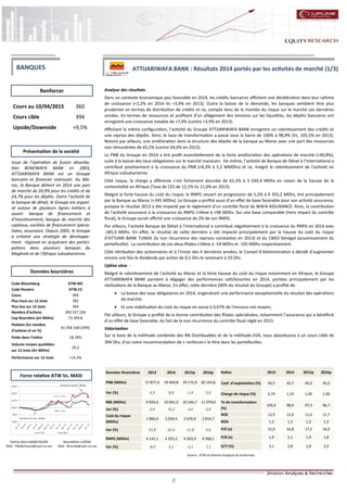 8
ATTIJARIWAFA BANK : Résultats 2014 portés par les activités de marché (1/3)
Analyse des résultats :
Dans un contexte économique peu favorable en 2014, les crédits bancaires affichent une décélération dans leur rythme
de croissance (+2,2% en 2014 Vs +3,9% en 2013). Outre la baisse de la demande, les banques semblent être plus
prudentes en termes de distribution de crédits et ce, compte tenu de la montée du risque sur le marché ces dernières
années. En termes de ressources et profitant d’un allégement des tensions sur les liquidités, les dépôts bancaires ont
enregistré une croissance notable de +7,4% (contre +3,9% en 2013).
Affichant la même configuration, l’activité du Groupe ATTIJARIWAFA BANK enregistre un ralentissement des crédits et
une reprise des dépôts. Ainsi, le taux de transformation a passé sous la barre de 100% à 98,9% (Vs. 105,5% en 2013).
Notons par ailleurs, une amélioration dans la structure des dépôts de la banque au Maroc avec une part des ressources
non rémunérées de 65,2% (contre 64,6% en 2013).
Le PNB du Groupe en 2014 a tiré profit essentiellement de la forte amélioration des opérations de marché (+40,8%),
suite à la baisse des taux obligataires sur le marché marocain. De même, l’activité de Banque de Détail à l’International a
contribué positivement à la croissance du PNB (+8,3% à 5,2 MMDhs) et ce, malgré le ralentissement de l’activité en
Afrique subsaharienne.
Côté risque, la charge y afférente s’est fortement alourdie de 62,2% à 3 034,4 MDhs en raison de la hausse de la
contentialité en Afrique (Taux de CES de 12,1% Vs 11,0% en 2013).
Malgré la forte hausse du coût du risque, le RNPG ressort en progression de 5,2% à 4 355,2 MDhs, tiré principalement
par la Banque au Maroc (+345 MDhs). Le Groupe a profité aussi d’un effet de base favorable pour son activité assurance,
puisque le résultat 2013 a été impacté par le règlement d’un contrôle fiscal de WAFA ASSURANCE. Ainsi, la contribution
de l’activité assurance à la croissance du RNPG s’élève à +98 MDhs. Sur une base comparable (Hors impact du contrôle
fiscal), le Groupe aurait affiché une croissance de 2% de son RNPG.
Par ailleurs, l’activité Banque de Détail à l’International a contribué négativement à la croissance du RNPG en 2014 avec
-185,4 MDhs. En effet, le résultat de cette dernière a été impacté principalement par la hausse du coût du risque
d’ATTIJARI BANK TUNSIE (la non récurrence des reprises constatées en 2013) et du CBAO Sénégal (assainissement du
portefeuille). La contribution de ces deux filiales s’élève à -54 MDhs et -105 MDhs respectivement.
Côté rétribution des actionnaires et à l’instar des 4 dernières années, le Conseil d’Administration a décidé d’augmenter
encore une fois le dividende par action de 0,5 Dhs le ramenant à 10 Dhs.
Upline view :
Malgré le ralentissement de l’activité au Maroc et la forte hausse du coût du risque notamment en Afrique, le Groupe
ATTIJARIWAFA BANK parvient à dégager des performances satisfaisantes en 2014, portées principalement par les
réalisations de la Banque au Maroc. En effet, cette dernière (60% du résultat du Groupe) a profité de:
 La baisse des taux obligataires en 2014, engendrant une performance exceptionnelle du résultat des opérations
de marché;
 Et une stabilisation du coût du risque en social à 0,67% de l’encours net moyen;
Par ailleurs, le Groupe a profité de la bonne contribution des filiales spécialisées, notamment l’assurance qui a bénéficié
d’un effet de base favorable, du fait de la non récurrence du contrôle fiscal réglé en 2013.
Valorisation
Sur la base de la méthode combinée des RN Distribuables et de la méthode EVA, nous aboutissons à un cours cible de
394 Dhs, d’où notre recommandation de « renforcer» le titre dans les portefeuilles.
Fatima Zahra MABCHOURE
Mail : FMabchoure@cpm.co.ma
Nasreddine LAZRAK
Mail : NLazrak@cpm.co.ma
Cours au 10/04/2015 360
Cours cible 394
Upside/Downside +9,5%
Code Bloomberg ATW:MC
Code Reuters ATW.CS
Cours 360
Plus haut sur 12 mois 382
Plus bas sur 12 mois 304
Nombre d'actions 203 527 226
Cap Boursière (en MDhs) 73 269,8
Flottant (En nombre
d'actions et en %)
61 058 168 (30%)
Poids dans l'indice 18,78%
Volume moyen quotidien
sur 12 mois (En MDhs)
24,2
Performance sur 12 mois +14,3%
Données financières 2013 2014 2015p 2016p
PNB (MDhs) 17 877,4 19 449,8 19 175,9 20 143,6
Var (%) 4,9 8,8 -1,4 5,0
RBE (MDhs) 9 929,6 10 941,0 10 546,7 11 079,0
Var (%) 6,0 10,2 -3,6 5,0
Coût du risque
(MDhs)
1 866,6 3 034,4 2 676,9 2 810,7
Var (%) 52,8 62,6 -11,8 5,0
RNPG (MDhs) 4 141,1 4 355,2 4 263,9 4 568,1
Var (%) -8,0 5,2 -2,1 7,1
Renforcer
Source : ATW et Division Analyses & recherches
Données boursières
Force relative ATW Vs. MASI
Présentation de la société
BANQUES
Issue de l’opération de fusion absorba-
tion BCM/WAFA BANK en 2003,
ATTIJARIWAFA BANK est un Groupe
bancaire et financier marocain. Au Ma-
roc, la Banque détient en 2014 une part
de marché de 24,9% pour les crédits et de
24,7% pour les dépôts. Outre l’activité de
la banque de détail, le Groupe est organi-
sé autour de plusieurs lignes métiers à
savoir: banque de financement et
d’investissement, banque de marché des
capitaux, sociétés de financement spécia-
lisées, assurance. Depuis 2005, le Groupe
a entamé une stratégie de développe-
ment régional en acquérant des partici-
pations dans plusieurs banques du
Maghreb et de l'Afrique subsaharienne.
Ratios 2013 2014 2015p 2016p
Coef. d’exploitation (%) 44,5 43,7 45,0 45,0
Charge de risque (%) 0,74 1,19 1,00 1,00
Tx de transformation
(%)
105,5 98,9 97,3 96,7
ROE 12,9 12,6 11,6 11,7
ROA 1,3 1,3 1,2 1,2
P/E (x) 15,0 16,8 17,2 16,0
P/B (x) 1,9 2,1 1,9 1,8
D/Y (%) 3,1 2,8 2,8 2,9
 